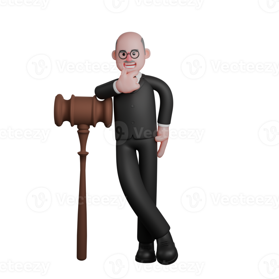Professional Male in Law. a judge stands beside a large judge's hammer with both legs crossed and his right hand leaning on the hammer while holding his chin. 3D Judge Cartoon png