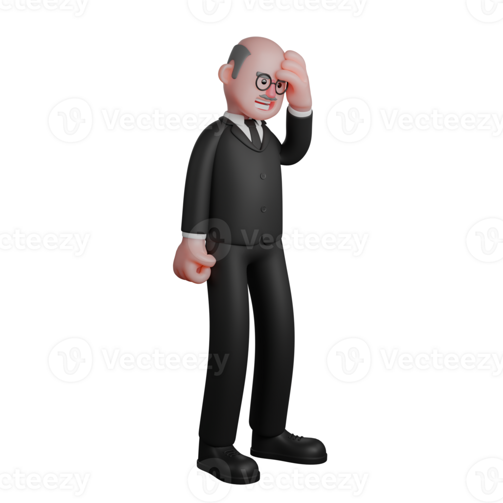 Male Judge Legal Professional. A male judge is seen standing with his left hand holding his forehead, as if in a state of chaos. 3D Cartoon png