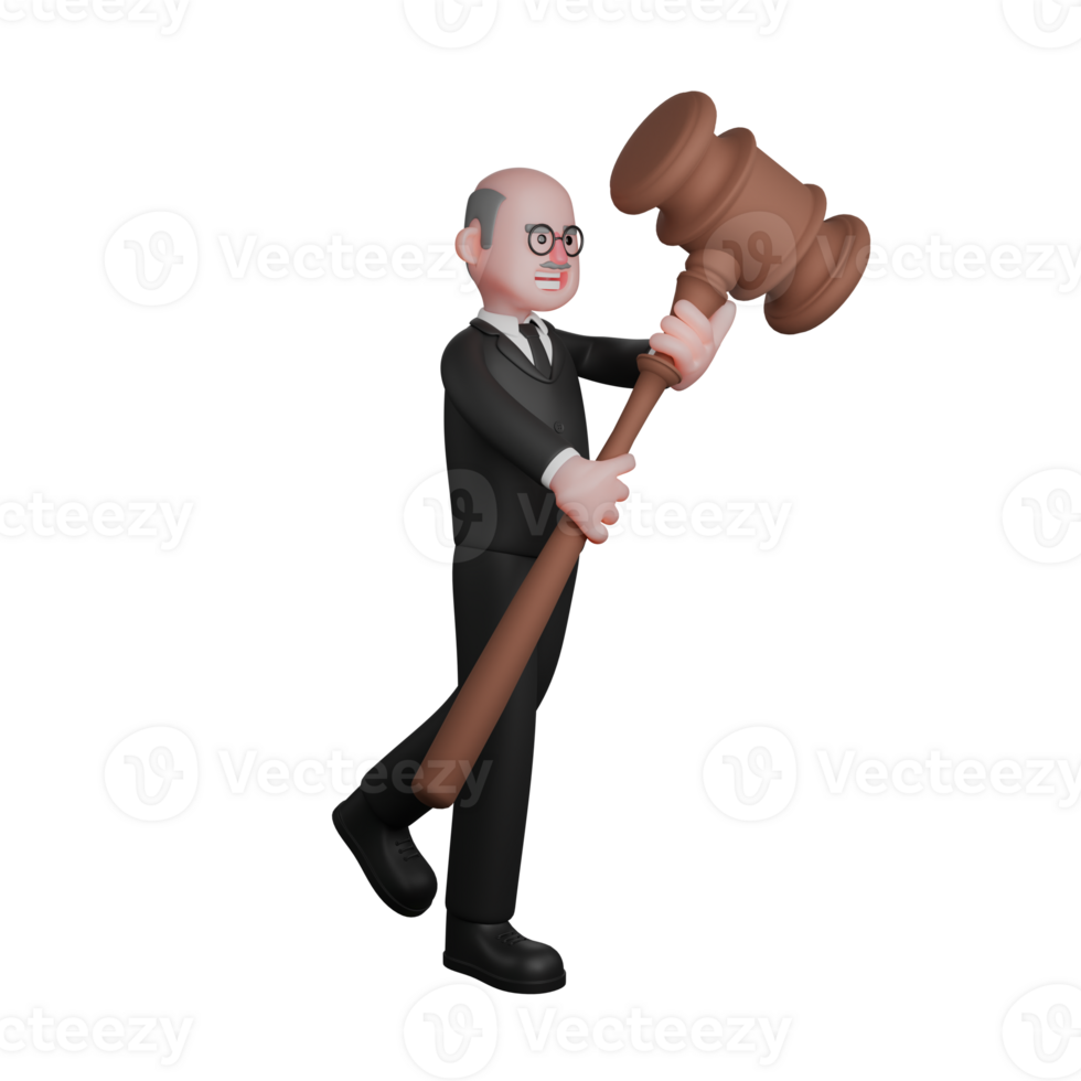 Male Legal 3D Animation. A male judge is seen walking while both hands are carrying a large judge's gavel. Judge png
