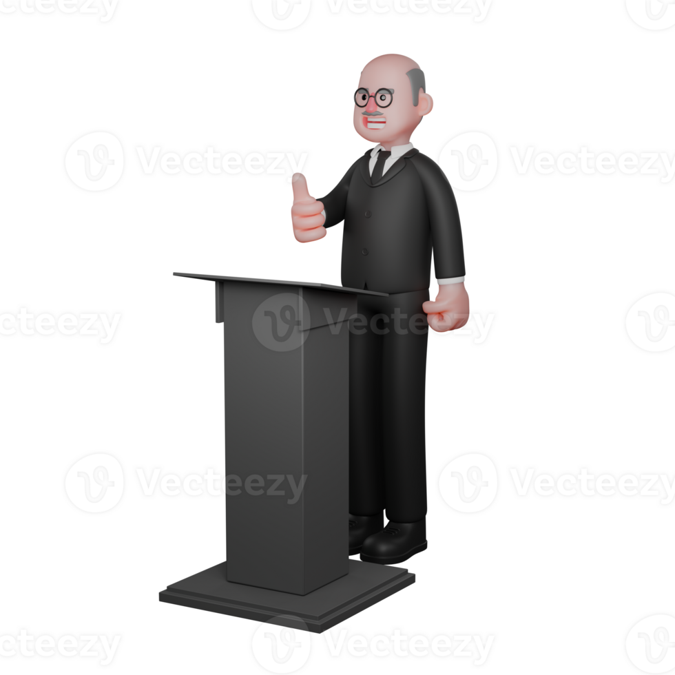 Male Judge in Court Setting. A male judge is seen standing behind the podium while his right hand gives a thumbs up. 3D Character png