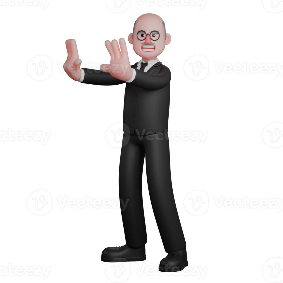 Professional Male Judge. A male judge is seen standing with both hands raised straight and parallel while showing his palms, as if giving a prohibition signal. 3D Judiciary Illustrated png
