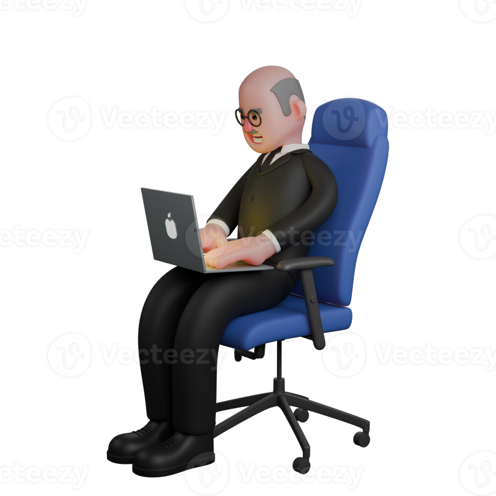 Cartoon Illustrated of a Male Judge. a judge sits on a chair holding a laptop and both hands on the laptop. 3D Legal Style png
