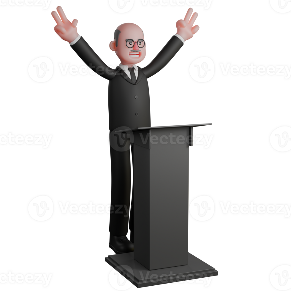 of 3D Male Judge. A judge stands behind the podium with both hands raised upwards while making a two-finger or peace symbol. Professional Cartoon png