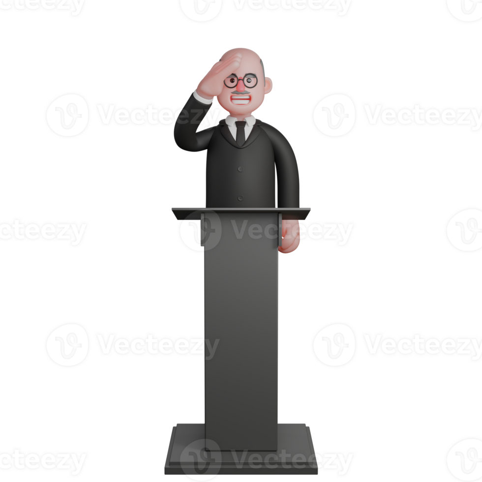 Professional 3D Judicial. A judge stands behind the podium with his right hand on his forehead, as if respecting. Male png