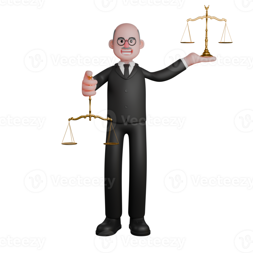 Cartoon Professional Judge. A judge stands with both hands holding the symbol of the scales of justice. 3D Male png