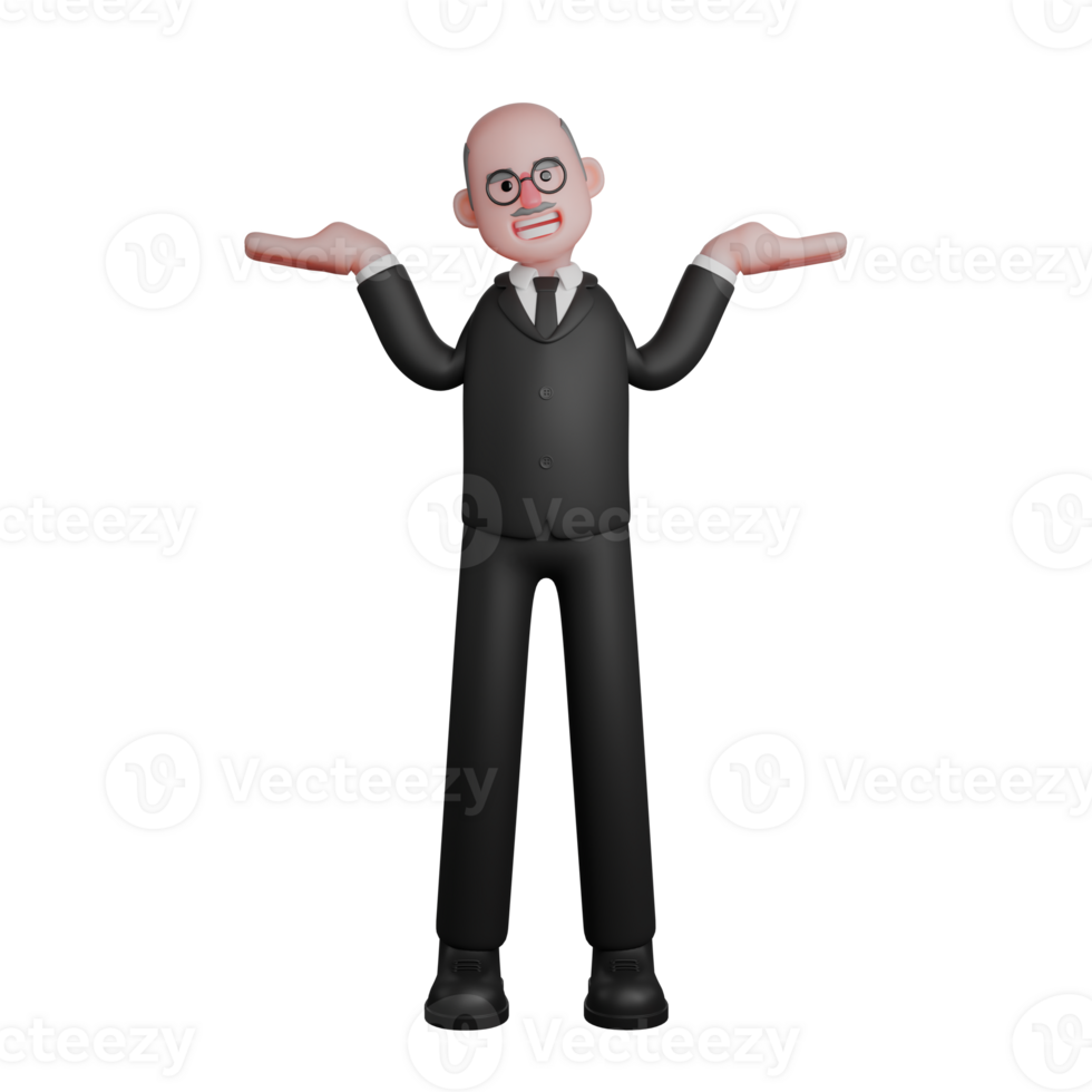 Male Judge Cartoon Character. A judge stands raising both hands with palms facing upwards. 3D Judicial png
