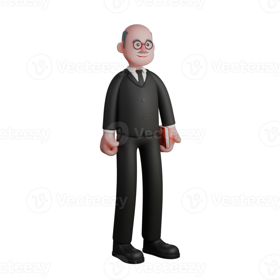 3D Cartoon Judge Character. a judge stands with his left hand holding a book. Legal Authority Model png