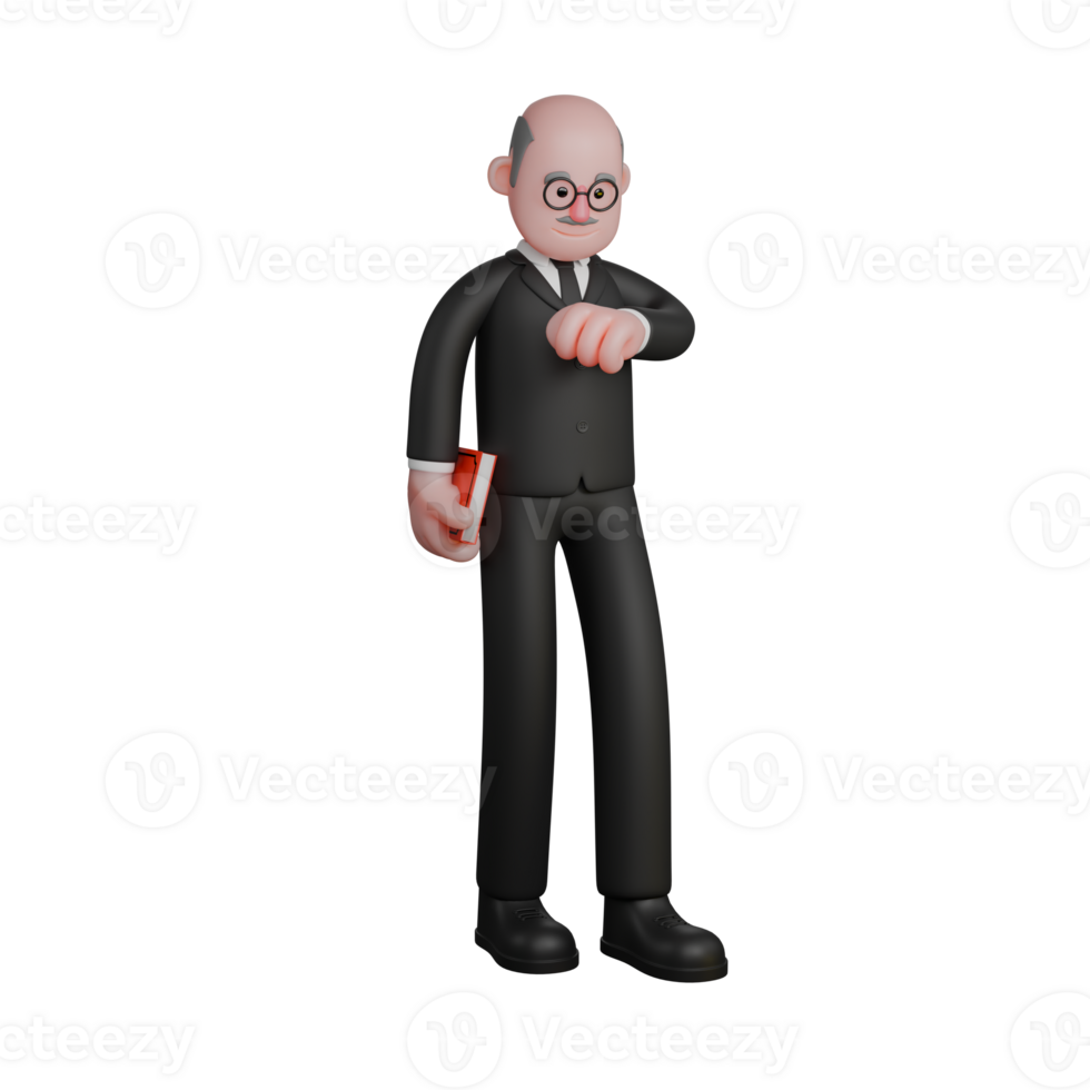 Cartoon Male Judge. a judge stands with his right hand holding a book while his left hand is in front of his chest, as if looking at a watch on his left hand. 3D Legal Professional png