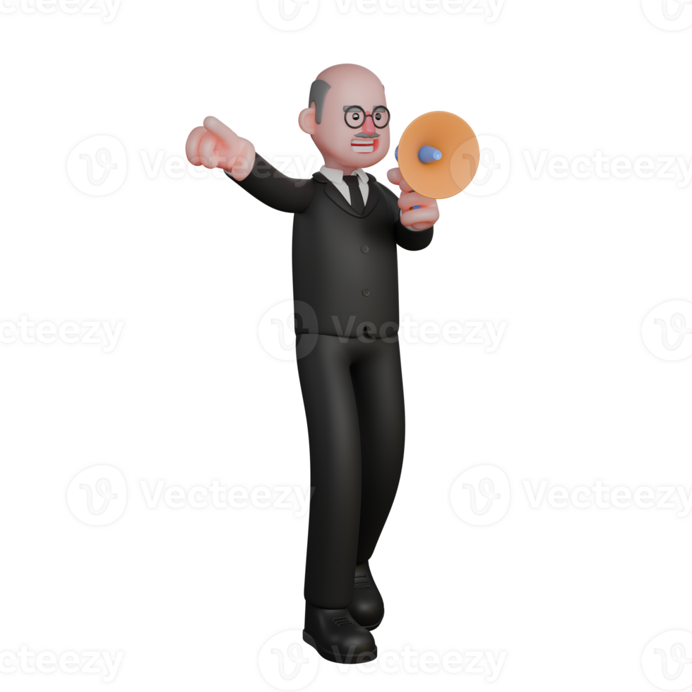 3D Male Judge in Professional Setting. A male judge is seen speaking with a loudspeaker held in his left hand and his right hand raised to the side. Judiciary png