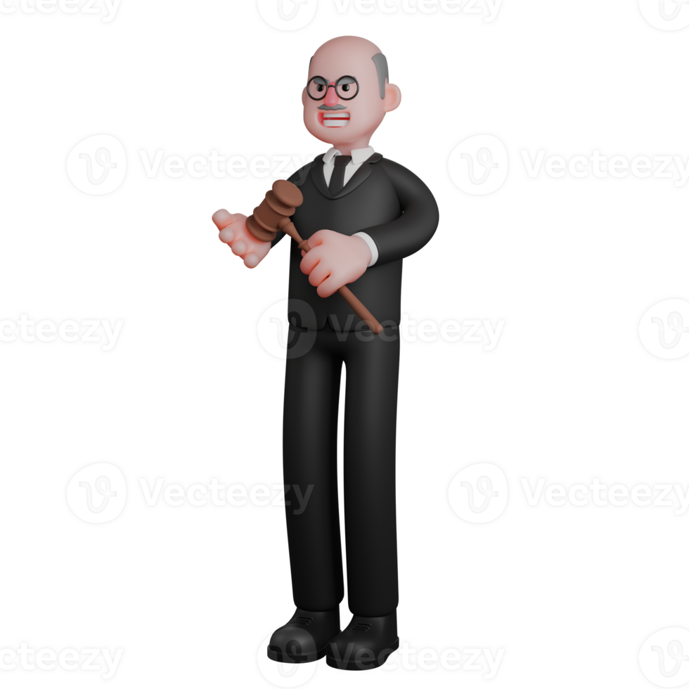 3D Male Judge Character. A male judge is seen standing with his left hand holding a judge's hammer that is being tapped on the palm of his right hand. Legal Professional png