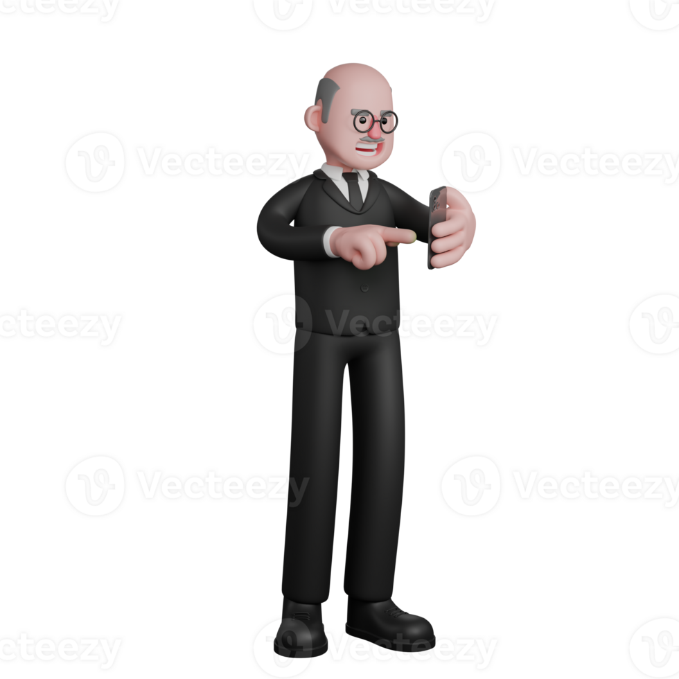 Professional 3D Male Judicial Judge. A male judge is seen standing with his left hand holding a cellphone while his right index finger is operating it. Cartoon png