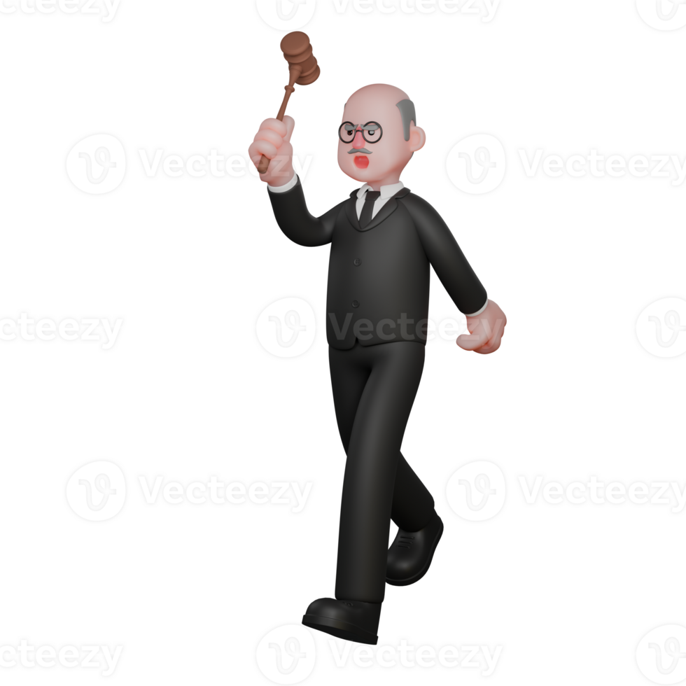 Illustrated of a Professional Judge. a judge walks with his right hand holding a judge's hammer raised upwards. 3D Male png