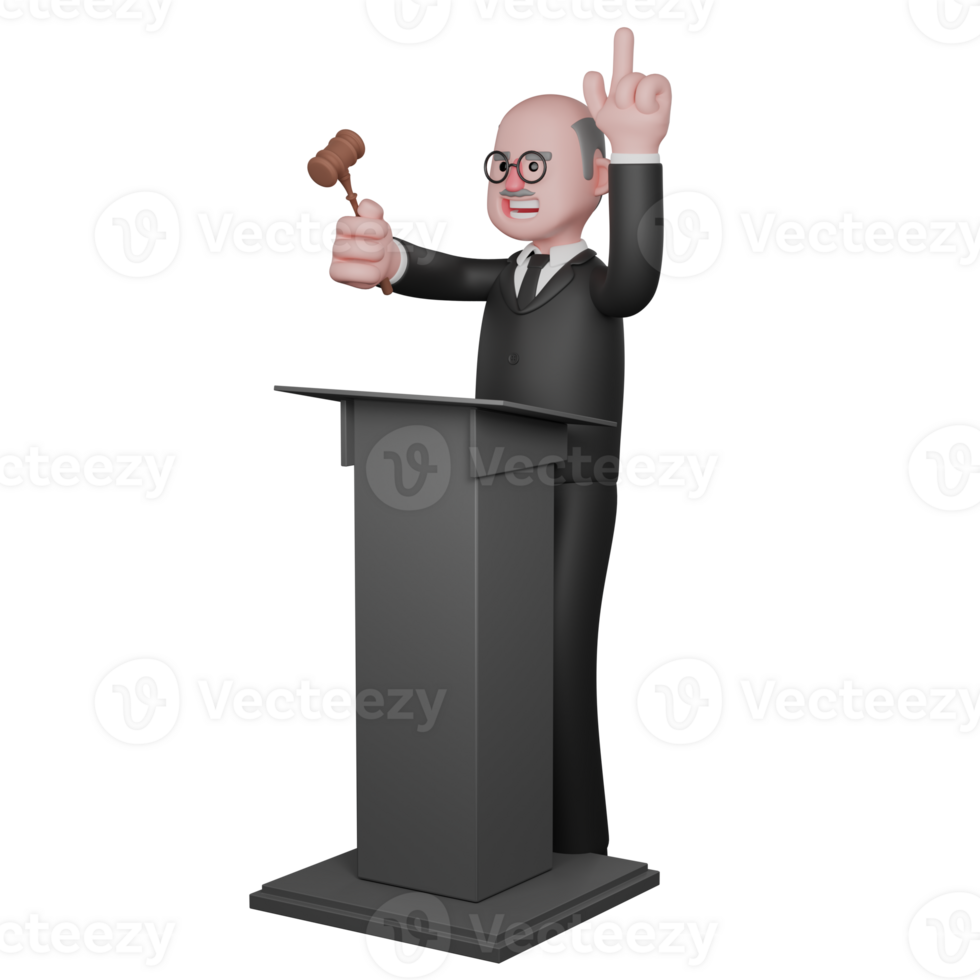 3D Male Judicial Character. A male judge is seen standing behind the podium with his left hand raised pointing upwards while his right hand holds the judge's gavel. Judge Professional png