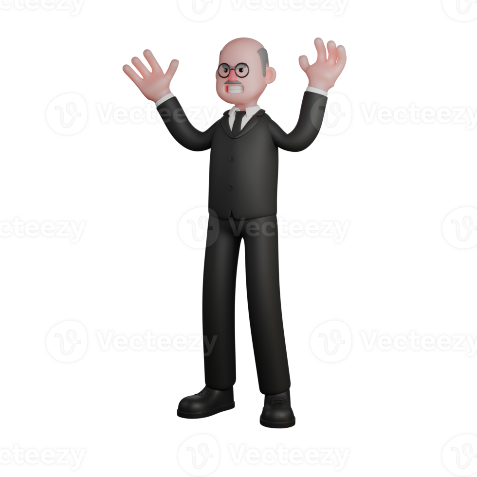 Male Judge Character. a judge stands with both his hands raised upwards with open palms. 3D Courtroom Authority png