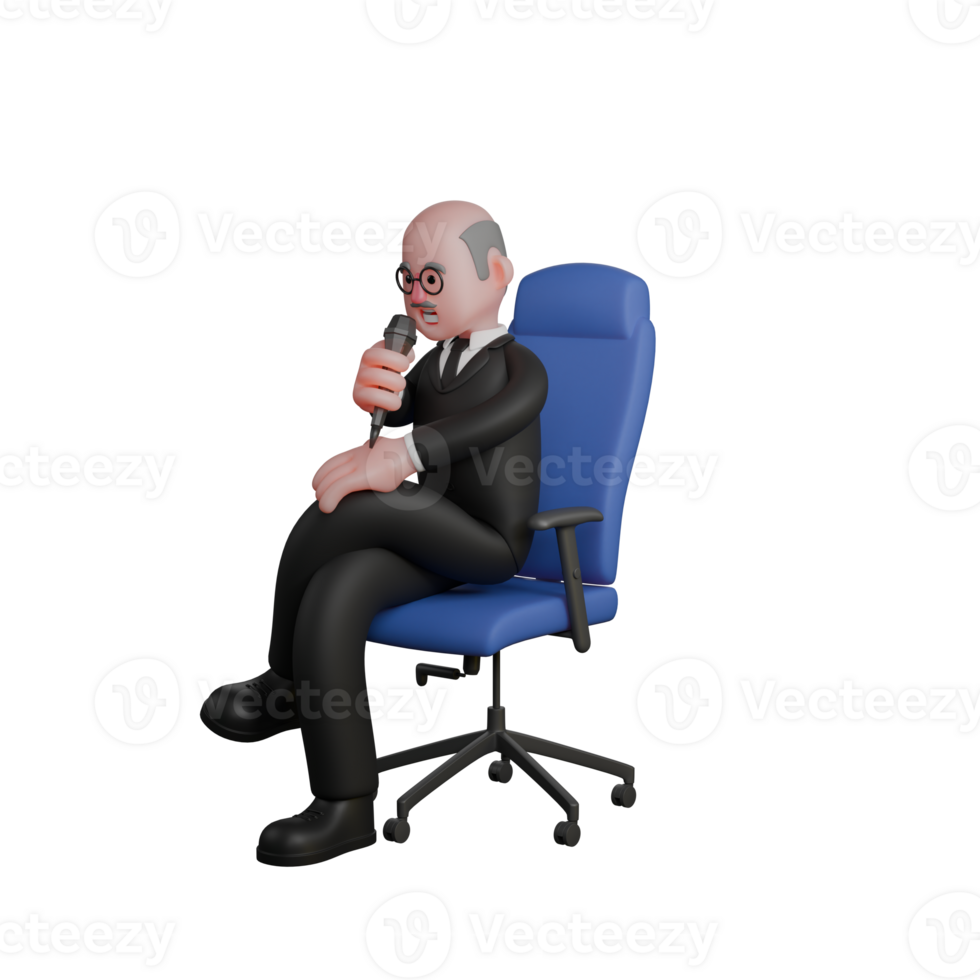 Judicial 3D Illustrated. a judge sits on a blue chair with his left foot on his right leg and his right hand holding a mic while his left hand is on his left leg. Professional Male Judge png