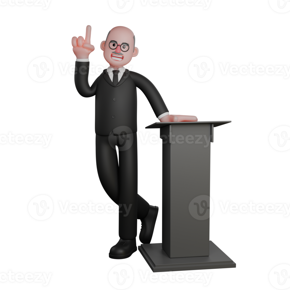 Male Judge. A male judge is seen standing with his legs crossed and his left hand on a podium located to his left and his right hand raised, pointing upwards. Judge 3D png