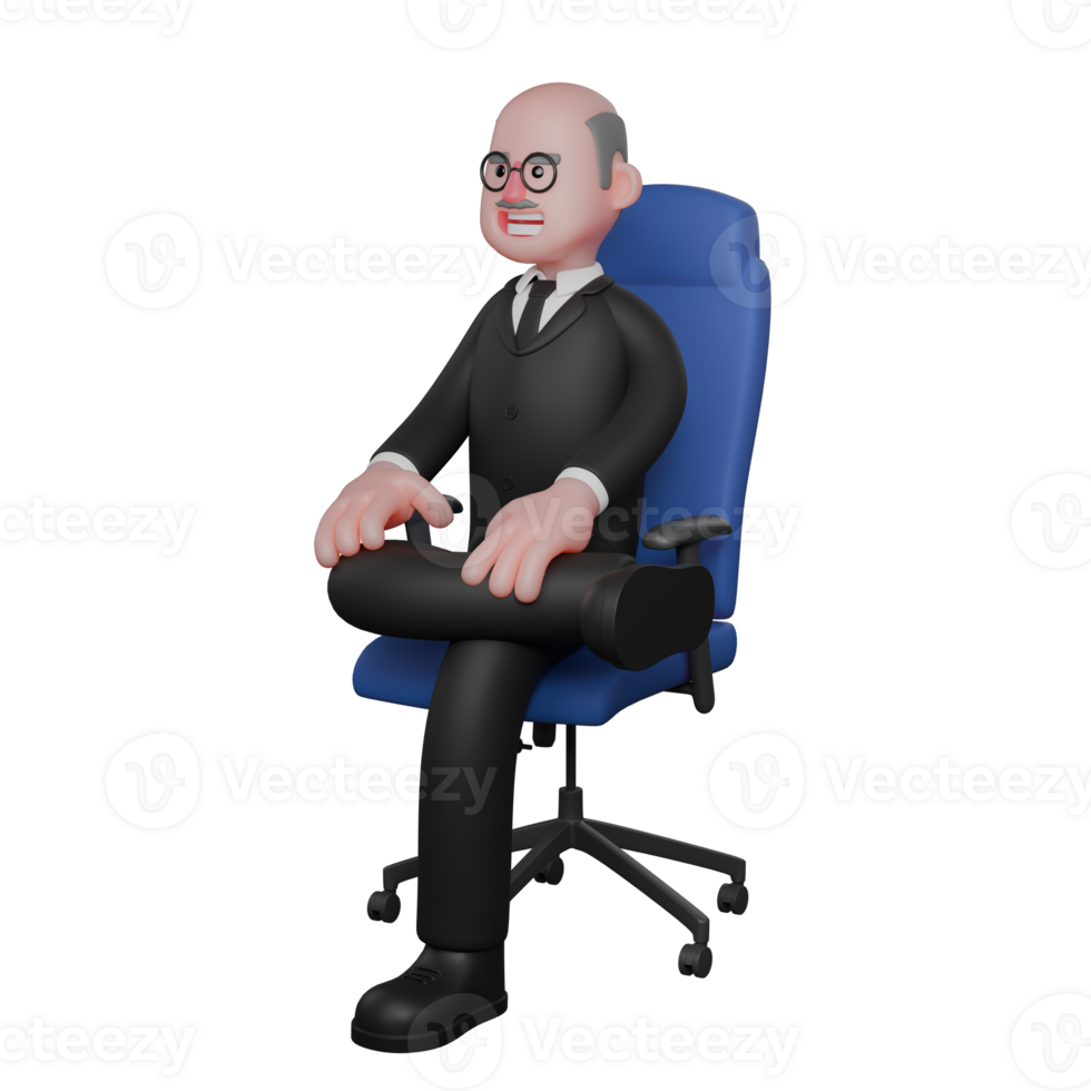 Cartoon Style Court Judge. A male judge is seen sitting relaxed on a chair with his right leg bent over his left thigh, while both of his hands are parallel in front of his stomach above his two png