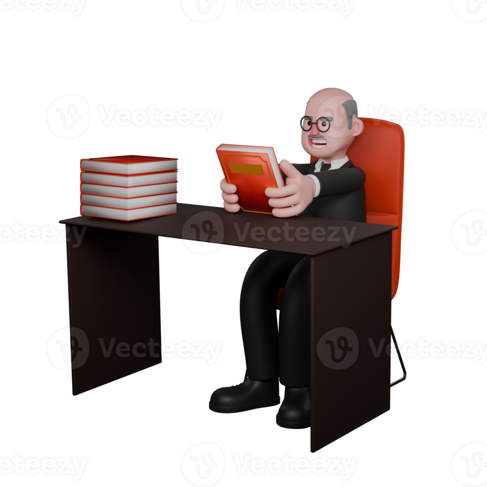 3D Judicial Judge Male. A male judge is seen sitting in his desk chair with several stacks of books on top of it, while in both hands he holds a red-covered book. png