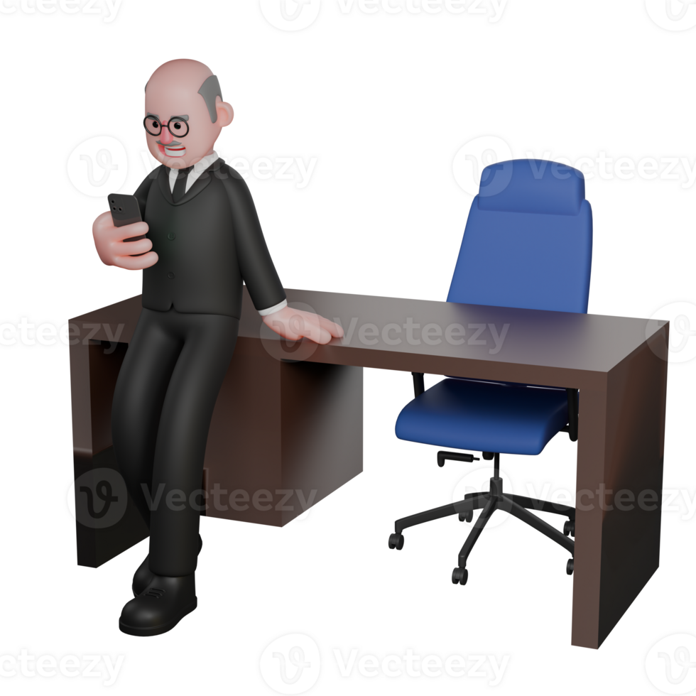 3D Animated Judge. A judge sits on the edge of a desk with his right hand holding a cellphone while his left hand is on the desk. Male Legal Figure png