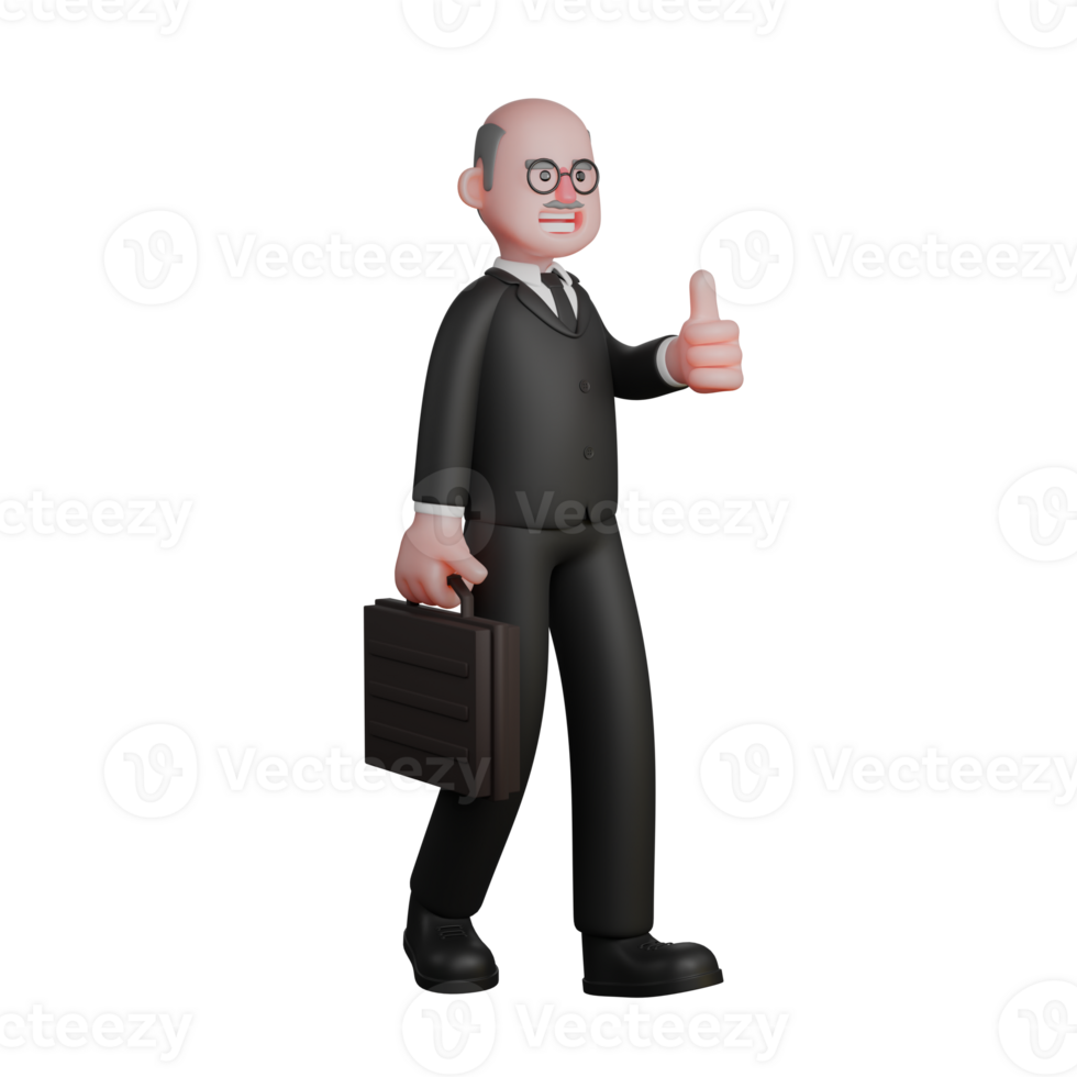 Male Judge in Judicial 3D. A judge walks with a briefcase in his hand while his left hand points his thumb. Professional png