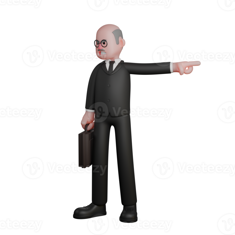 Legal Service Provider 3D. a judge stands with his right hand holding a briefcase while his left hand points to the left. Male Judge Cartoon png