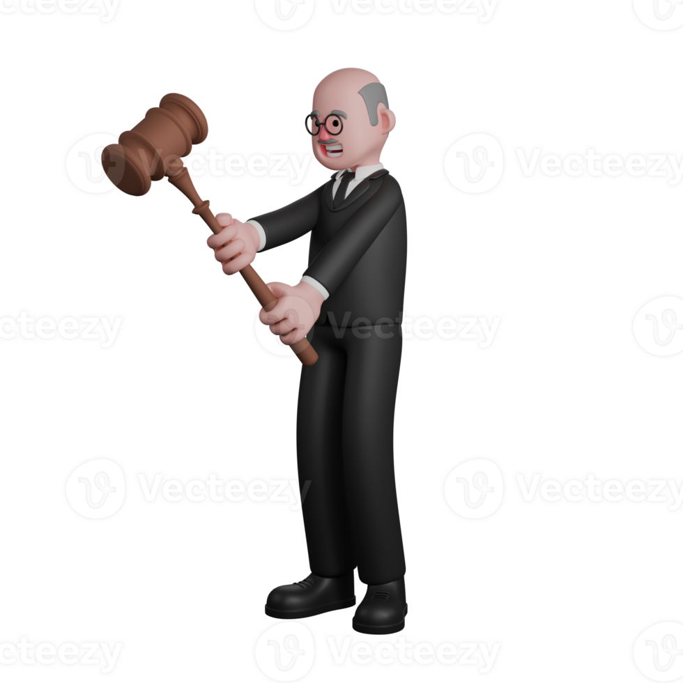 Male Judge 3D Professional. A male judge is seen standing with both hands holding a large judge's gavel. Judicial Cartoon png