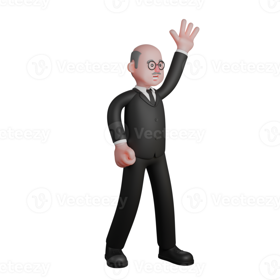Illustrative 3D Male Judge. a judge stands with his left hand clenched and at his side, while his right hand is raised high with an open palm. Court Leader png