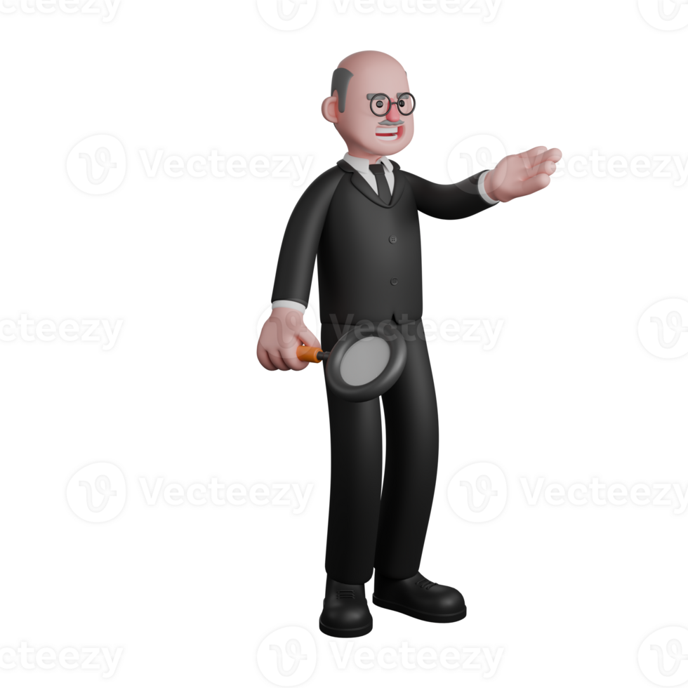 3D Professional Male Judge Character. A male judge is seen standing while extending his left palm forward and his right hand holding a magnifying glass. Judicial png