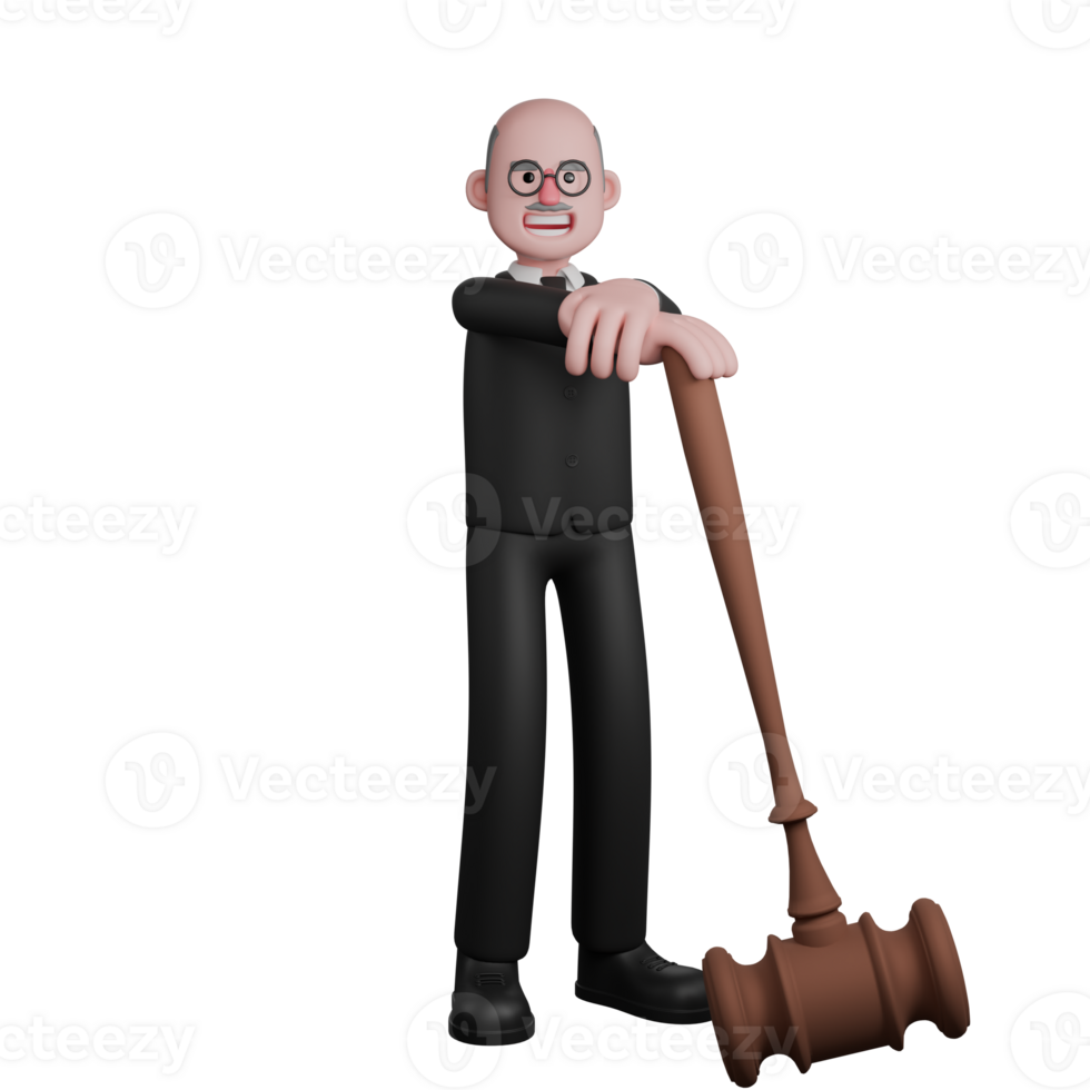 3D Male Judge in Judicial Profession. A male judge is seen standing with his arms crossed leaning on the end of a large judge's gavel. Illustrated png