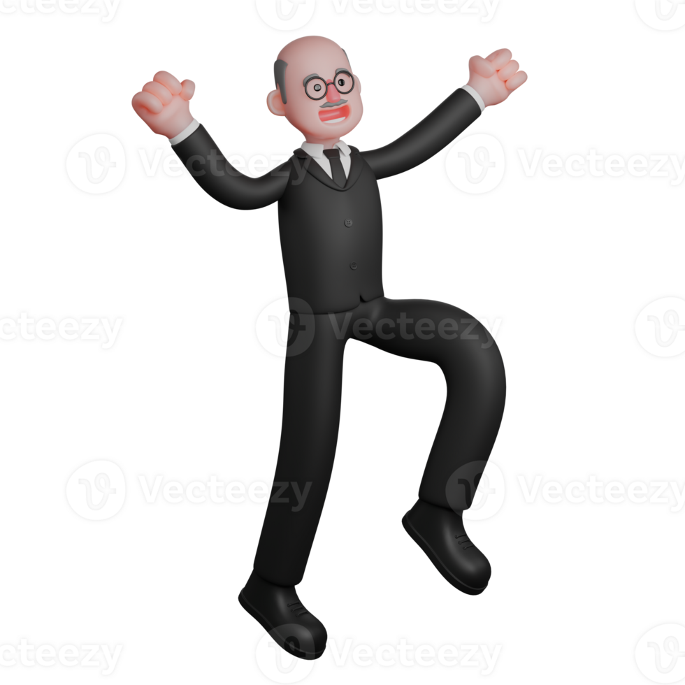 Animated Professional Judge. A male judge looks like he is jumping with his left leg slightly raised and both hands raised upwards, as if celebrating success. 3D Male png