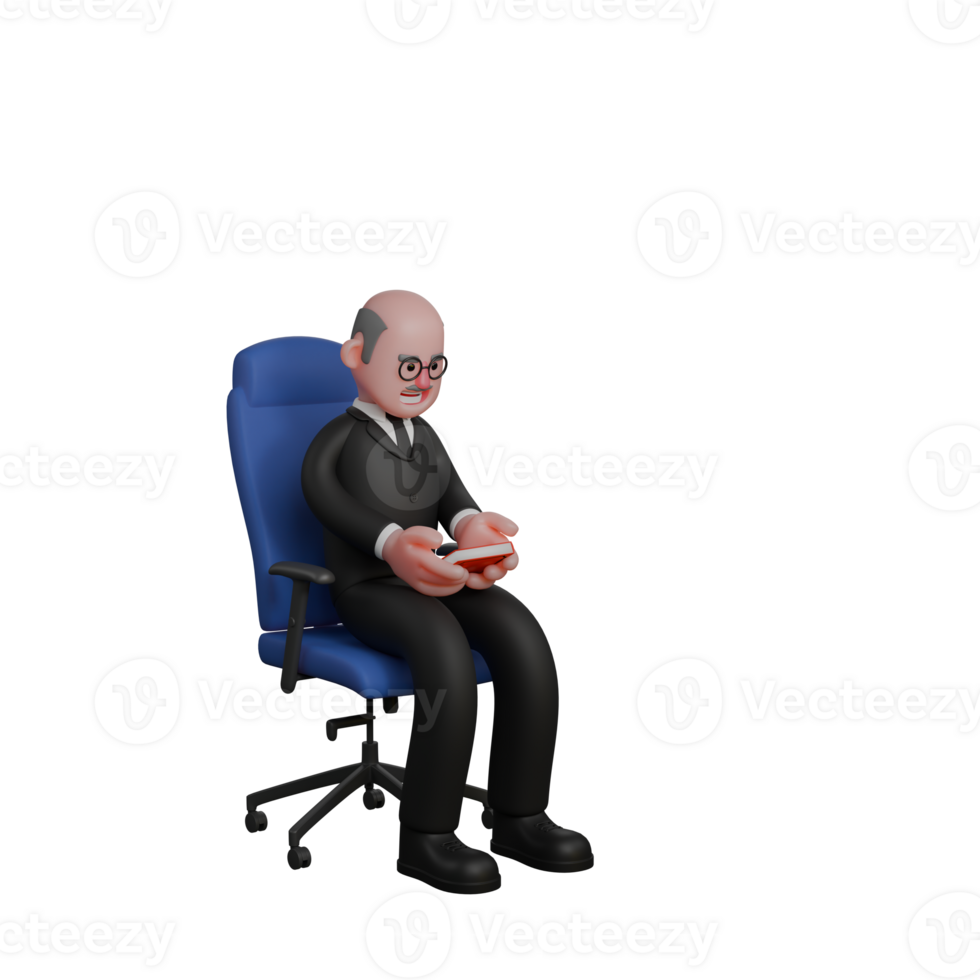 Animated Male Judge. A judge sits on a blue chair with both hands holding a book. 3D Courtroom Professional png