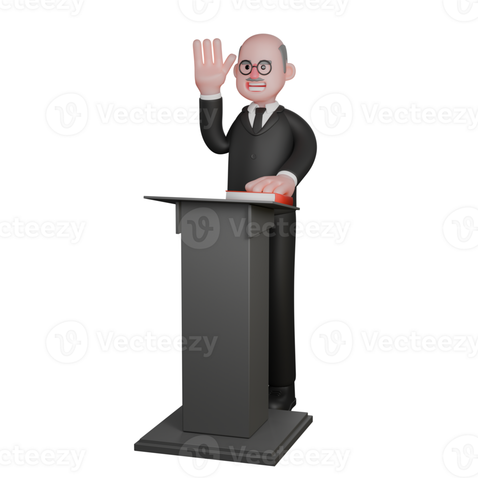 Male Judge in 3D. A judge stands behind a podium with his left hand raised while his right hand holds a book on the table. Professional Law png
