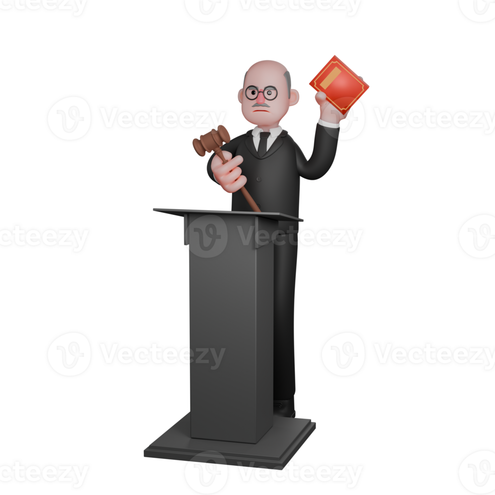 Male Judge Professionalism in 3D. A male judge is seen standing behind the podium with his left hand raised carrying a red-covered book while his right hand is carrying a judge's hammer. png