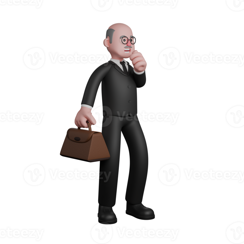 Judicial Judge 3D. A male judge is seen standing with his left hand clenched into a fist, raised in front of his mouth as if he is coughing and his right hand is carrying a red briefcase. Male png