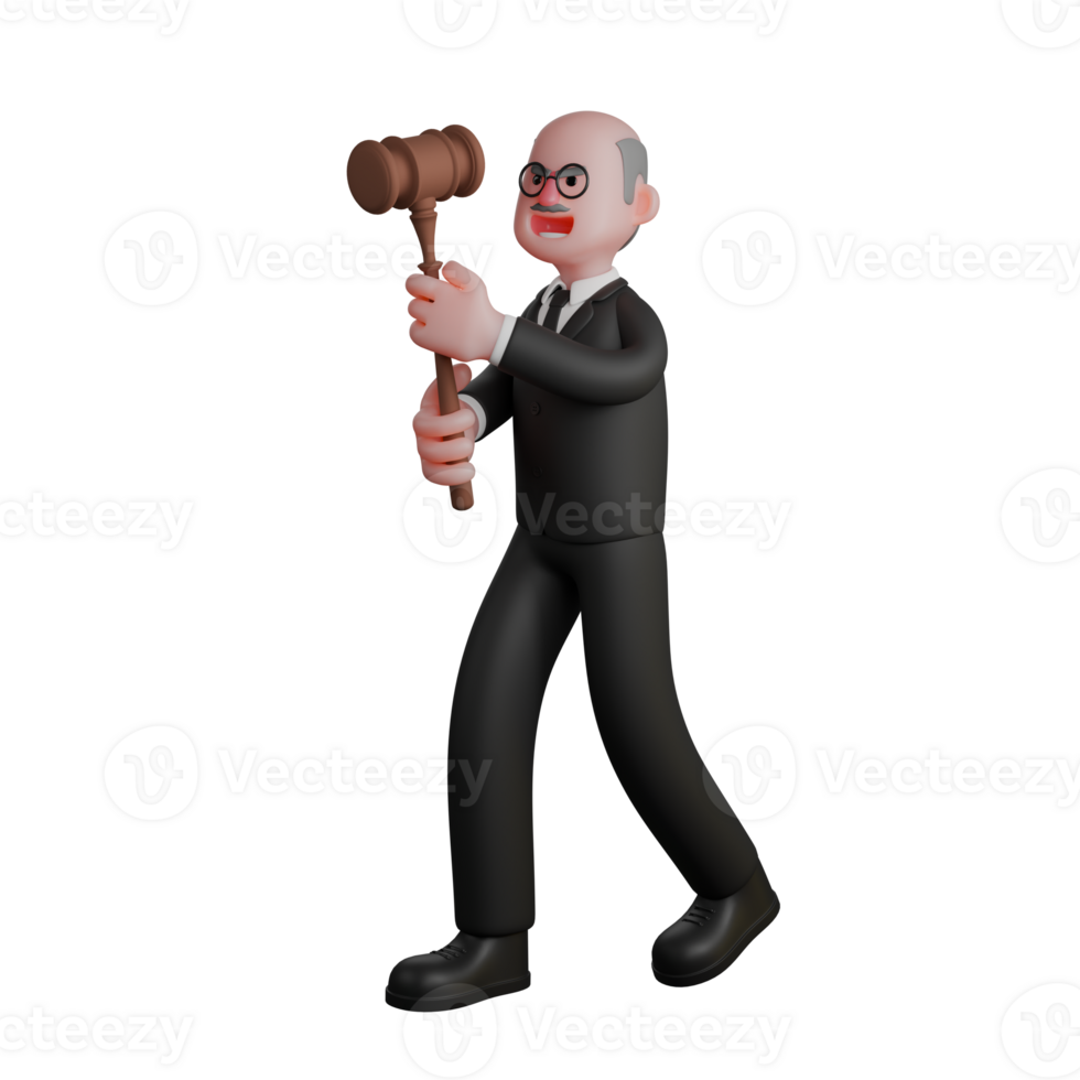 Male Judge with Gavel. a judge walks holding a large judge's hammer with both hands. 3D Illustrated png