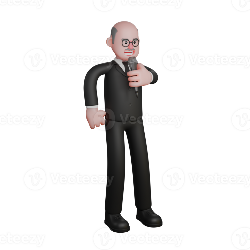 3D Model of Professional Male Judge. A judge stands with his left hand holding the mic while his right hand is on his waist. Judicial Character png