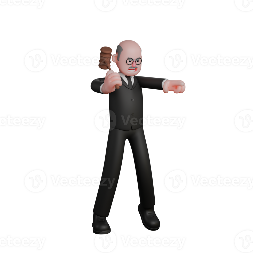 3D Cartoon Courtroom Judge. a judge stands with his right hand holding the judge's hammer and his left hand pointing forward. Justice Dispensing png