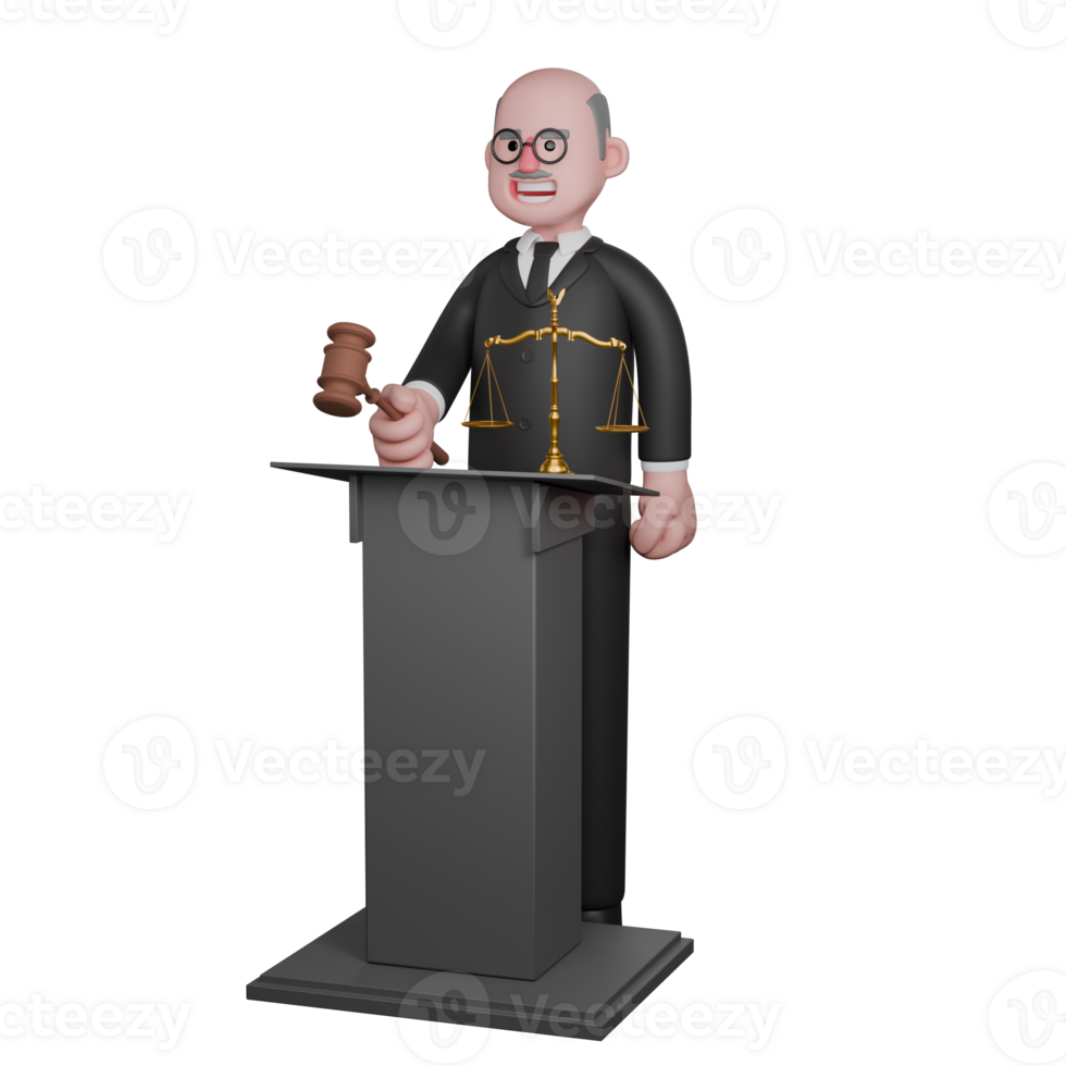 Male Judge 3D Cartoon. A male judge is seen standing behind a podium on which there is a legal scale and his right hand appears to be holding the judge's gavel which he is about to tap. Judicial png