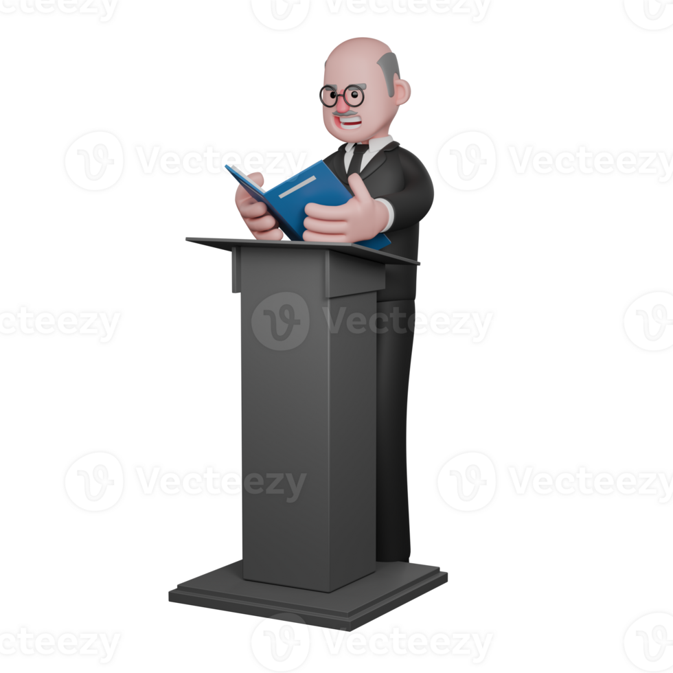 Male Judicial Professional in 3D. A male judge is seen standing behind the podium while reading from a book which he is holding in both hands. Judge Cartoon png