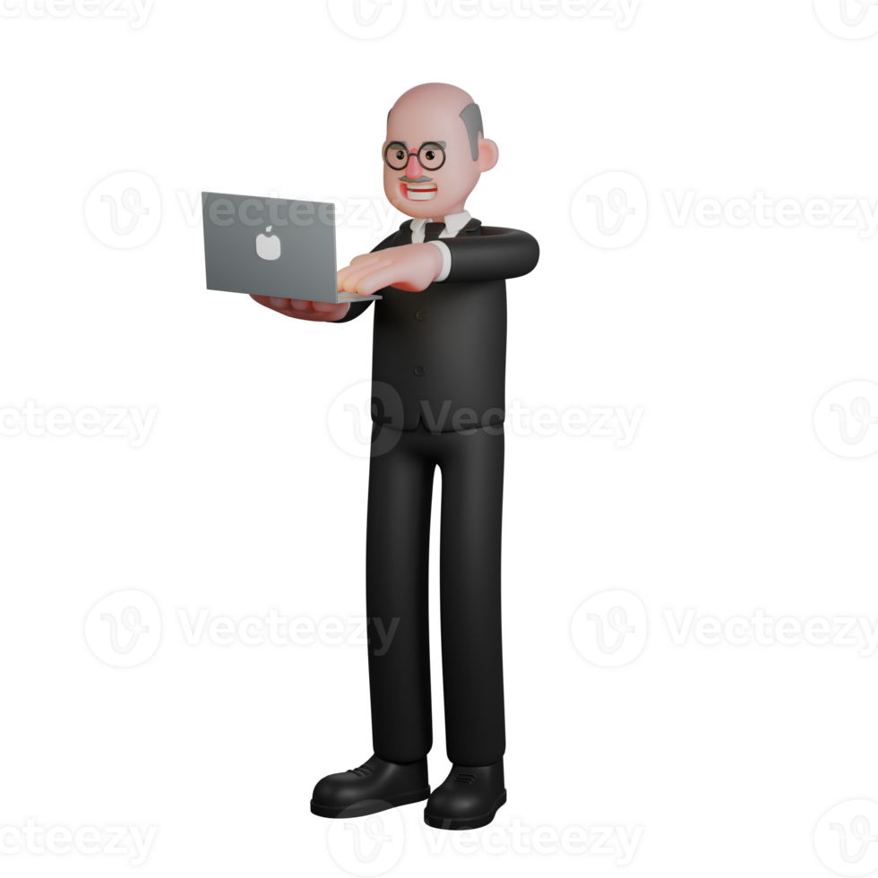 3D Male Judge in Professional Role. A judge stands while operating the laptop in his hand. Judicial Cartoon png