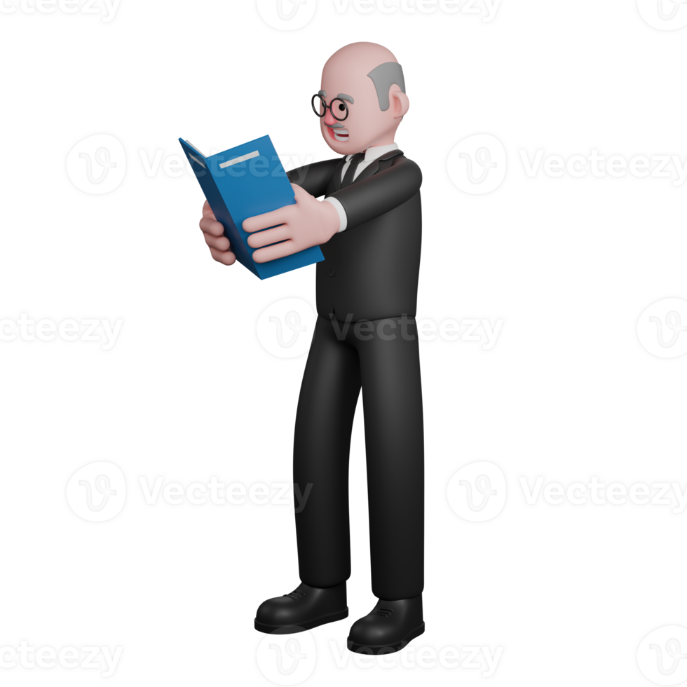 3D Male Judge Judicial. A male judge is seen standing while reading a blue cover book held in both hands. Professional png