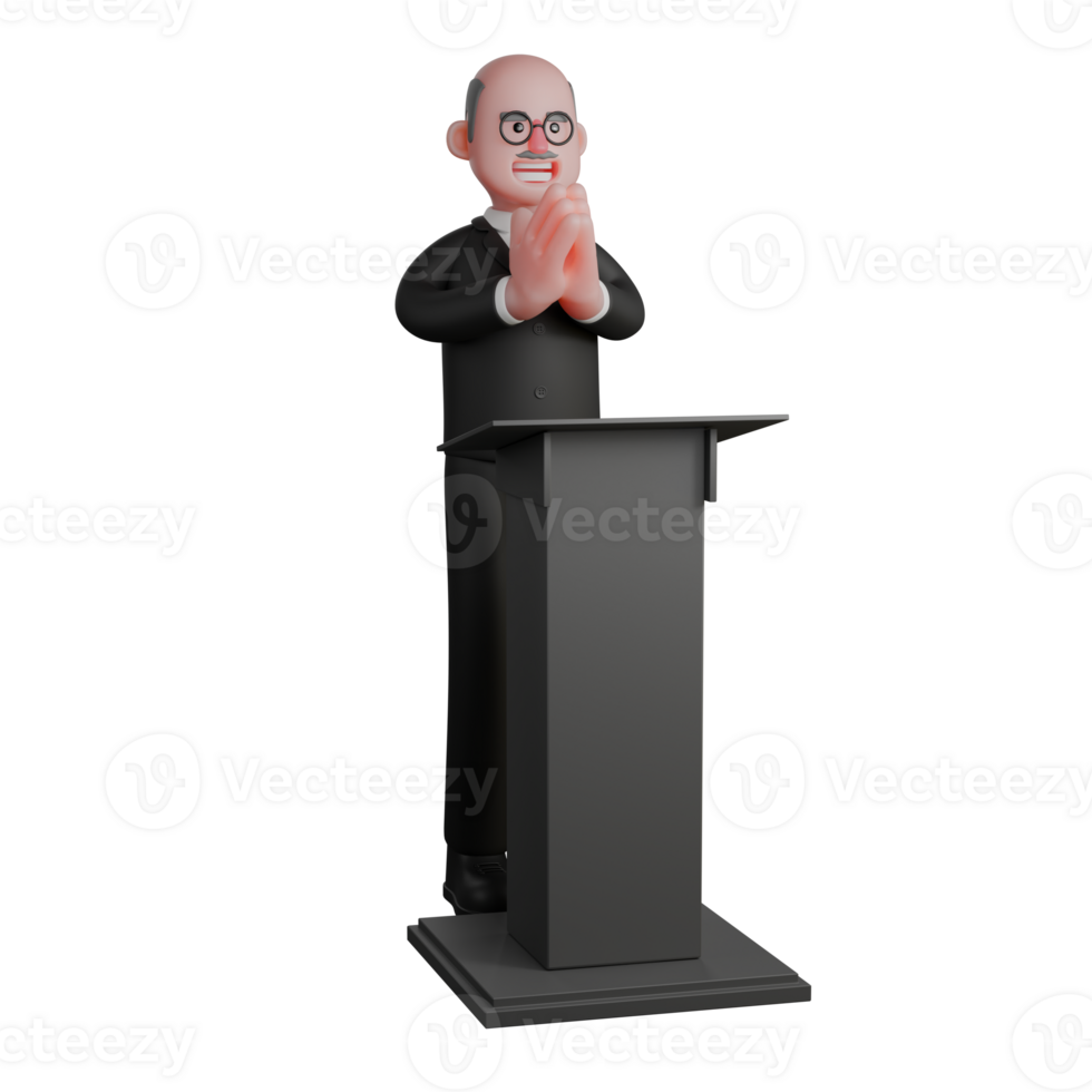 Judicial . A male judge is seen standing behind the podium with his hands showing a celebratory greeting or a symbol of forgiveness. 3D Male Judge png
