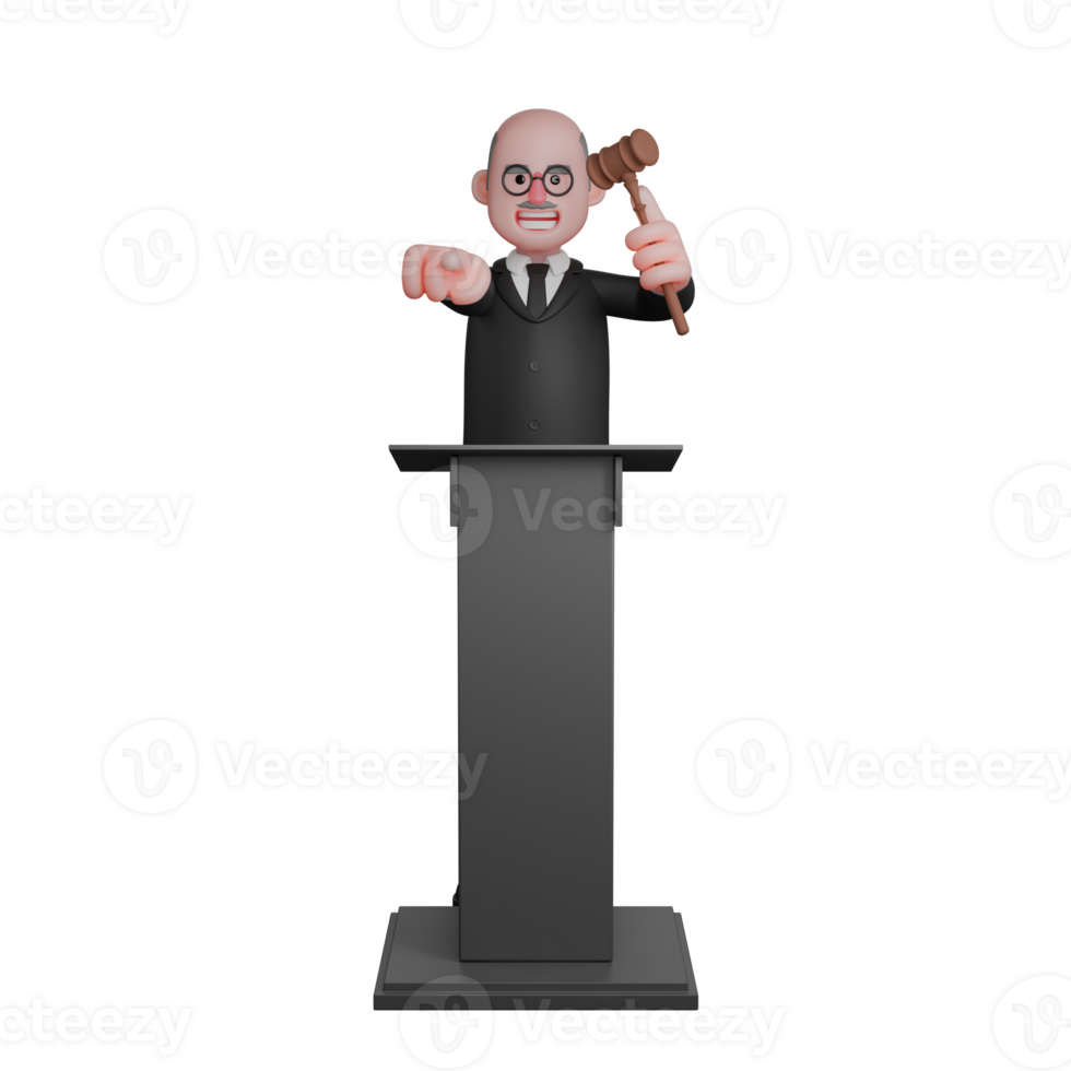 3D Male Judge. A male judge is seen standing with his left hand raised upwards carrying a judge's gavel while his right hand is straight in front. Professional Judicial Character png