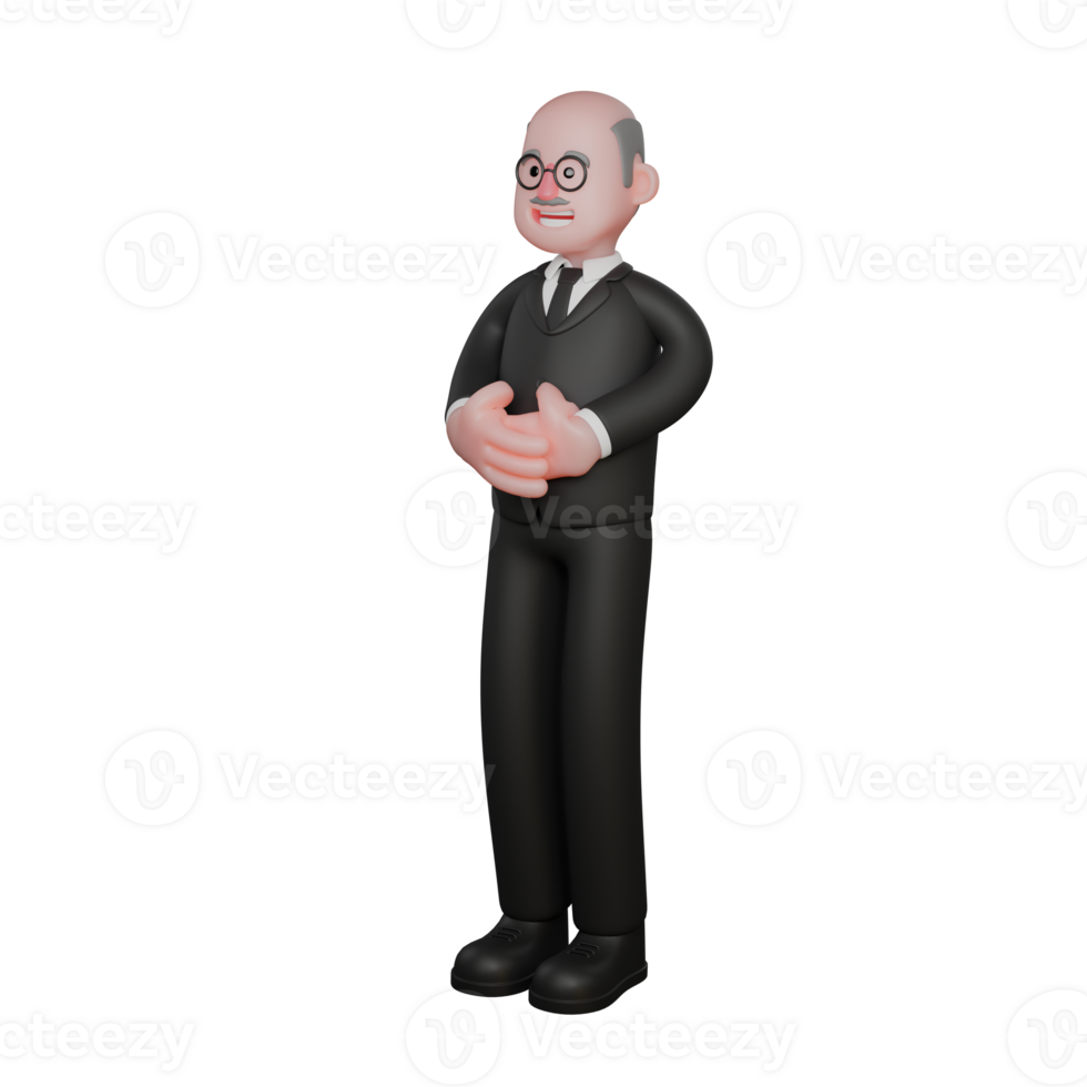 3D Male Judge in Court. A judge stands with both hands in front of his stomach, as if welcoming a guest. Legal Procedure Cartoon png