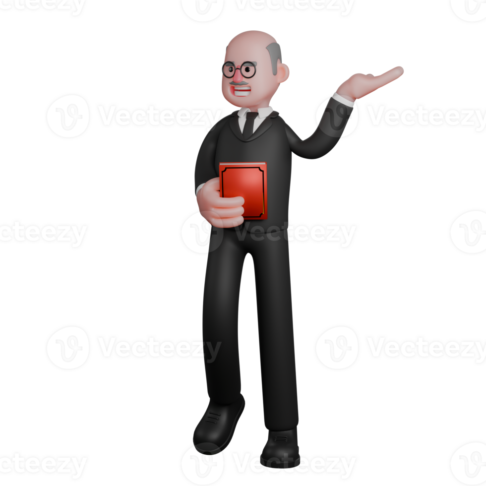 3D Model of Male Judge. A male judge is seen standing holding a red book in his right hand while his left palm is seen raised upwards. Professional Jurist png