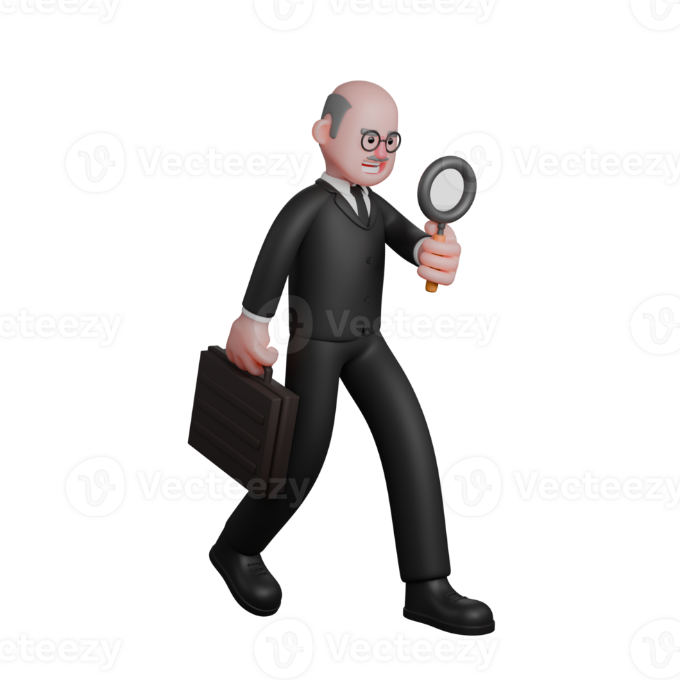 Male Legal Artist 3D Model. a judge walks with his right hand holding a briefcase while his left hand holds a magnifying glass. Judge Cartoon png