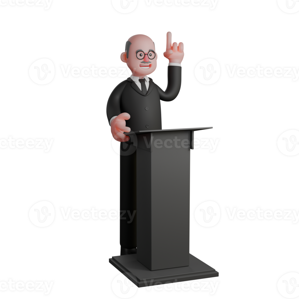 Courtroom Authority in 3D. a judge is standing behind the podium with his left hand pointing upwards. Cartoon Judge png