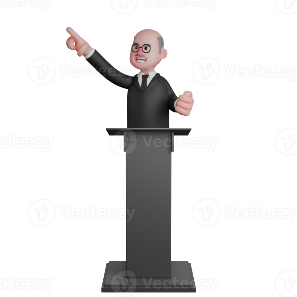 Judicial Male Judge. A judge stands behind a podium with his right hand pointing in one direction while his left hand is clenched. 3D Professional Character png