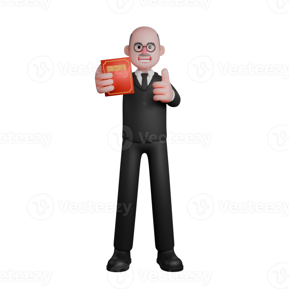 Male Judge 3D. A judge stands with his right hand carrying a book while his left hand points his thumb. Professional png