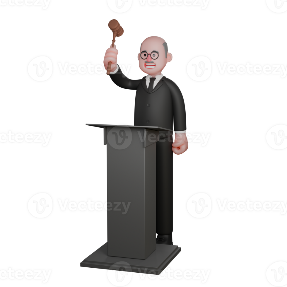 Male Judge in Legal Process. A judge stands behind a podium holding a gavel in his right hand. 3D Courtroom Scene png